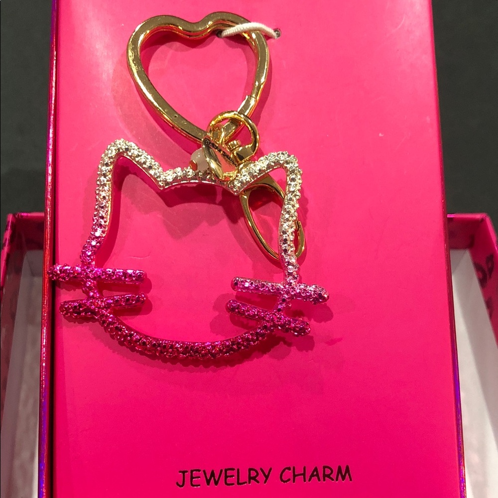 Betsey Johnson pinkโ ombre pave look Cat Kitty and heart shaped key & bag charm